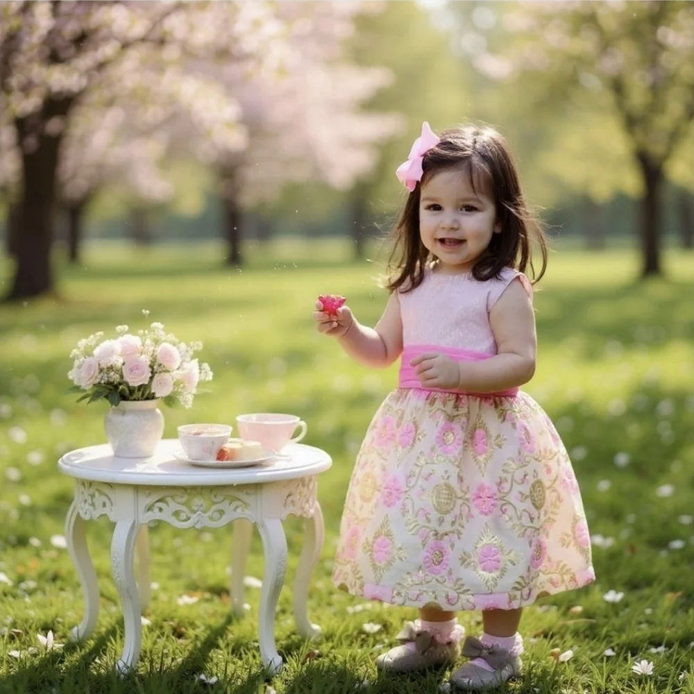 Truly Scrumptious Girls Pink Gold Floral Shimmer Bow Back Party Dress NWT 24M